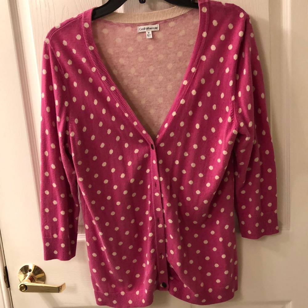 Croft and Barrow pink/ lt cream polka dot cardigan 3/4 sleeves